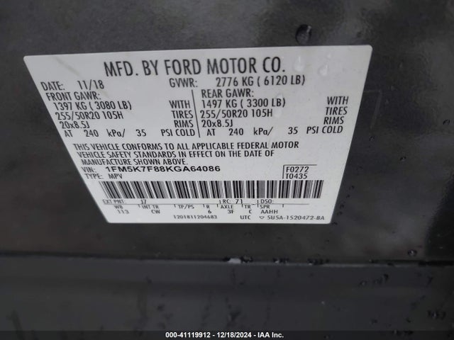 1FM5K7F88KGA64086 Ford Explorer Limited