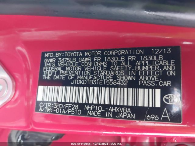 JTDKDTB31E1558432 Toyota Prius C Two