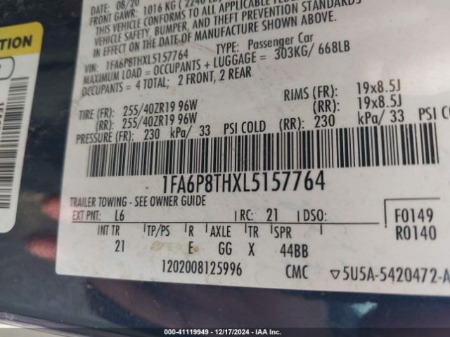 1FA6P8THXL5157764 Ford Mustang Ecoboost Fastback