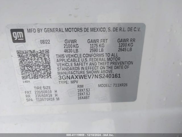 3GNAXWEV7NS240161 Chevrolet Equinox Awd Rs