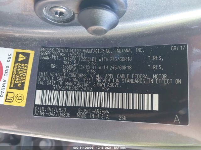 5TDKZRFH5HS524043 Toyota Highlander Xle