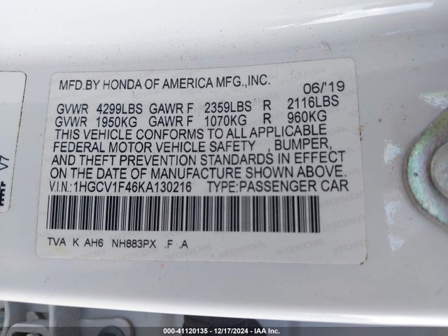 Honda ACCORD EX 2019 1HGCV1F46KA130216 Image 9