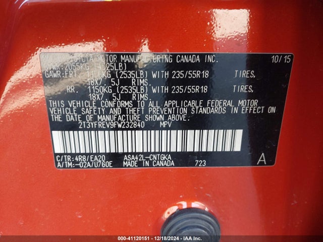 Toyota Rav4 Limited 2015 2T3YFREV9FW232840 Image 9