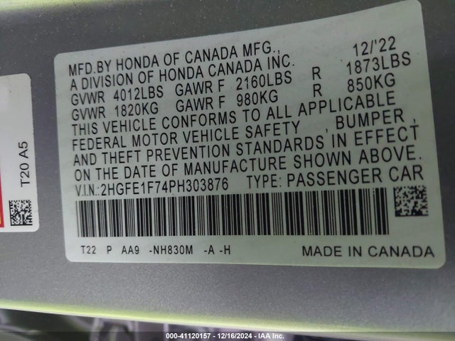Honda Civic Ex /ex W/o Bsi 2023 2HGFE1F74PH303876 Image 9