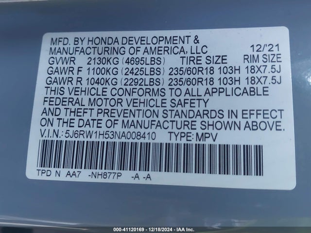5J6RW1H53NA008410 Honda Cr-v 2wd Ex