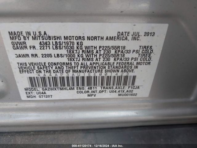 4A4AP3AU1EE001423 Mitsubishi Outlander Sport Es
