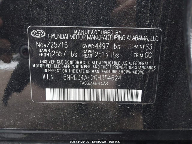 Hyundai Sonata Limited 2016 5NPE34AF2GH354624 Image 9