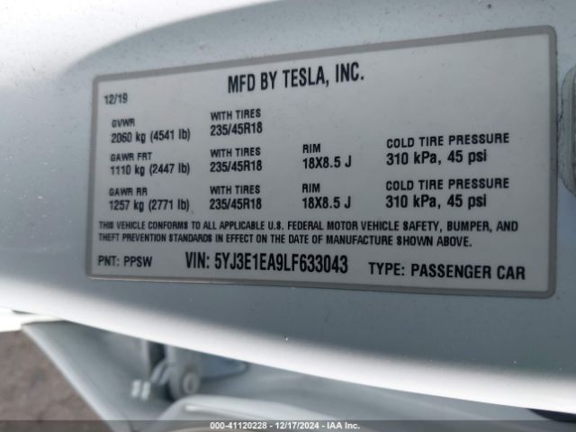 5YJ3E1EA9LF633043 Tesla Model 3 Standard Range Plus Rear-wheel Drive/standard Range Rear-wheel Drive
