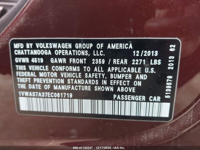 1VWAS7A37EC061719 Volkswagen Passat 1.8t Wolfsburg Edition