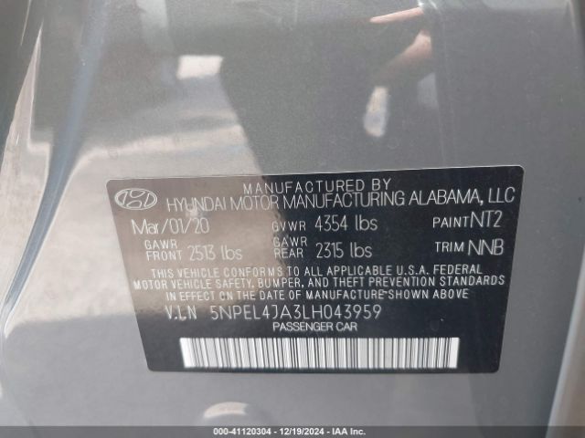 5NPEL4JA3LH043959 Hyundai SONATA SEL