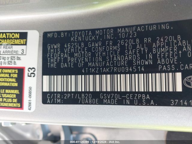 4T1KZ1AK7RU094514 Toyota Camry Xse V6
