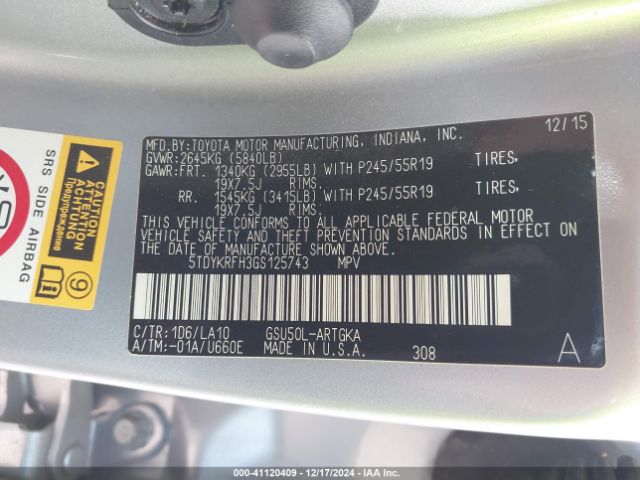 5TDYKRFH3GS125743 Toyota Highlander Limited V6