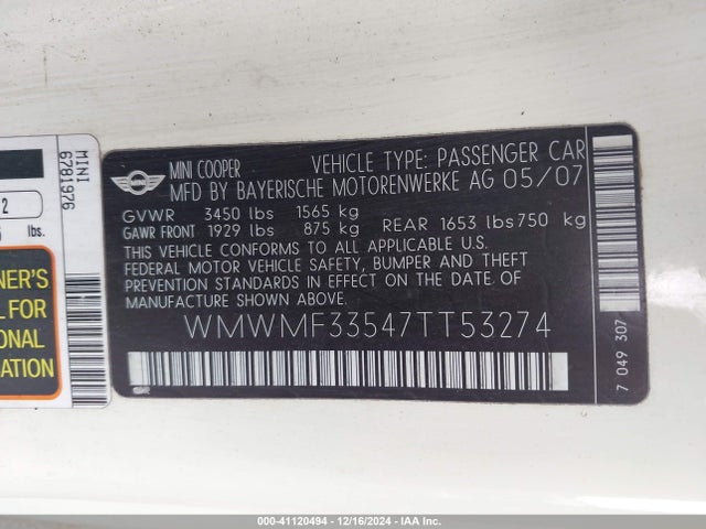 2007 MINI COOPER WMWMF33547TT53274 Photo 8