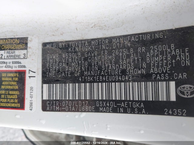 Toyota AVALON XLE 2014 4T1BK1EB4EU094043 Image 9