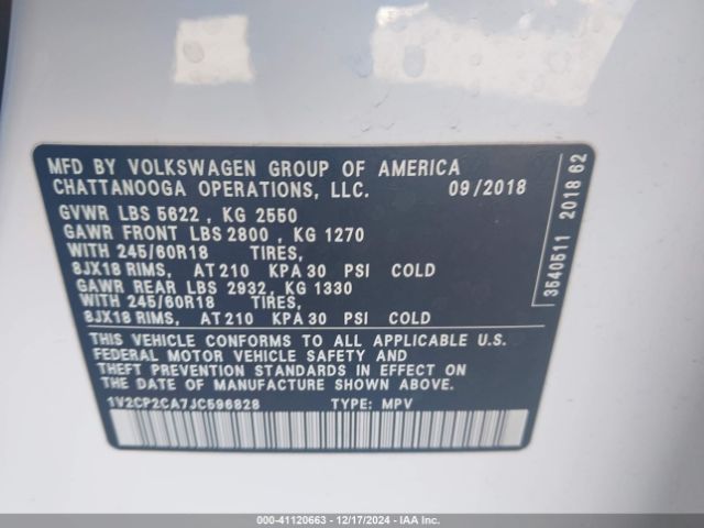 1V2CP2CA7JC596828 Volkswagen Atlas 2.0t Se
