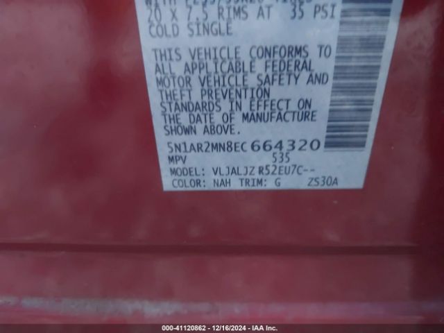 5N1AR2MN8EC664320 Nissan Pathfinder Platinum/s/sl/sv