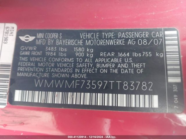 2007 MINI COOPER S WMWMF73597TT83782 Photo 8