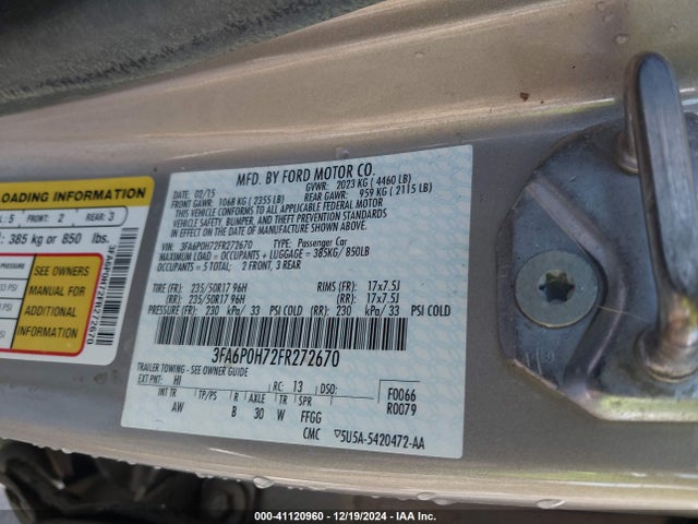 Ford FUSION SE 2015 3FA6P0H72FR272670 Image 9