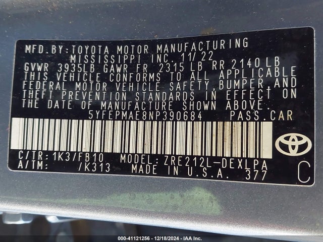 Toyota COROLLA LE 2022 5YFEPMAE8NP390684 Image 9