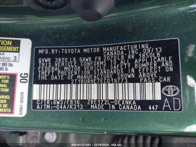 2T1BURHE7EC019773 Toyota COROLLA LE