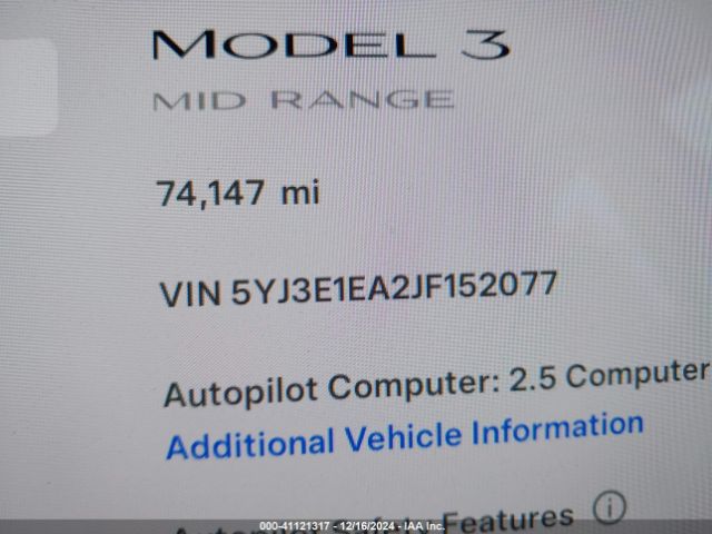 5YJ3E1EA2JF152077 Tesla Model 3 Long Range/mid Range
