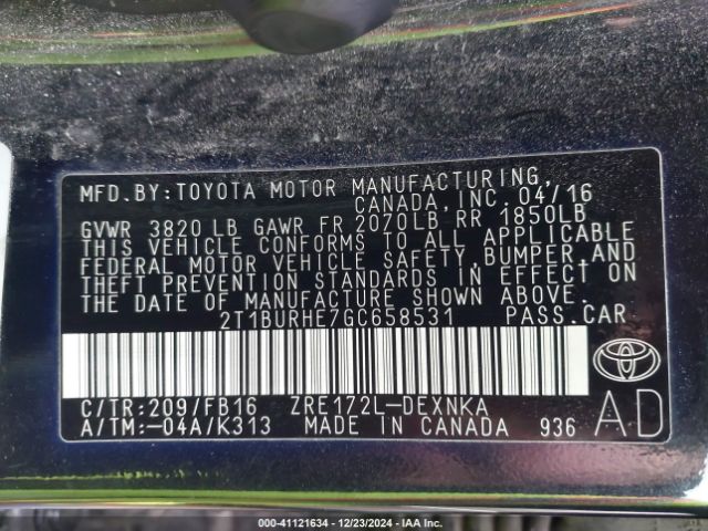 2T1BURHE7GC658531 Toyota Corolla Le Plus