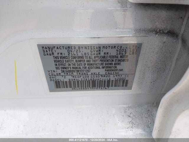 Продажа на аукционе авто 2021 Nissan Sentra Sr Xtronic Cvt, vin: 3N1AB8DV7MY271767, номер лота: 41121670
