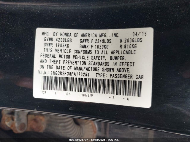 Honda ACCORD LX 2015 1HGCR2F36FA170254 Image 9
