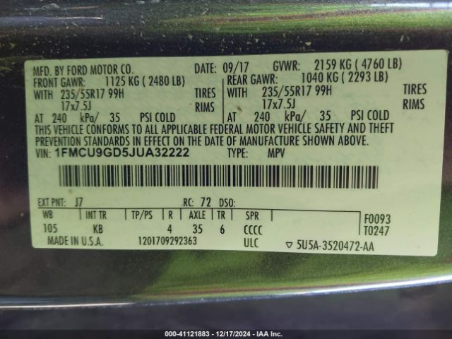 1FMCU9GD5JUA32222 Ford ESCAPE SE