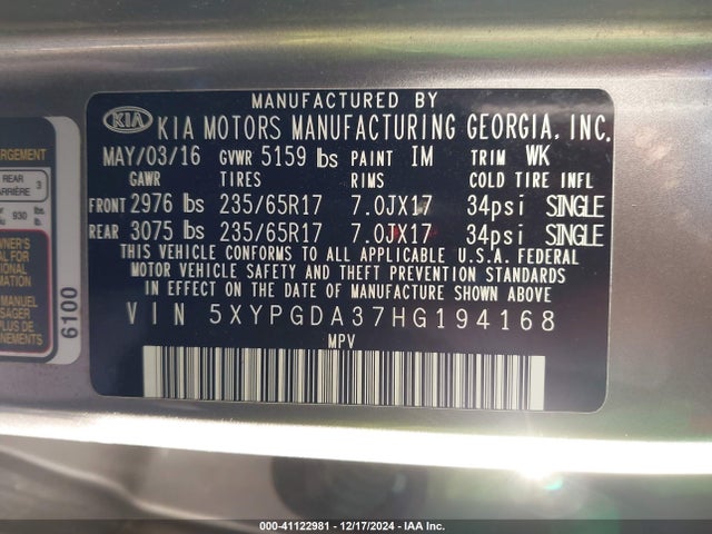 KIA Sorento 2.4l Lx 2017 5XYPGDA37HG194168 Image 9