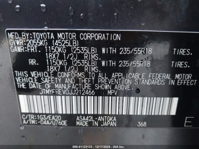 JTMYFREV0JJ212466 Toyota Rav4 Limited