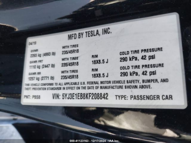 5YJ3E1EB8KF208842 Tesla Model 3 Long Range/performance