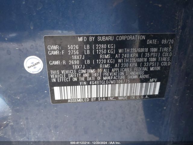 4S4BTGLD7M3106775 Subaru Outback Onyx Edition Xt