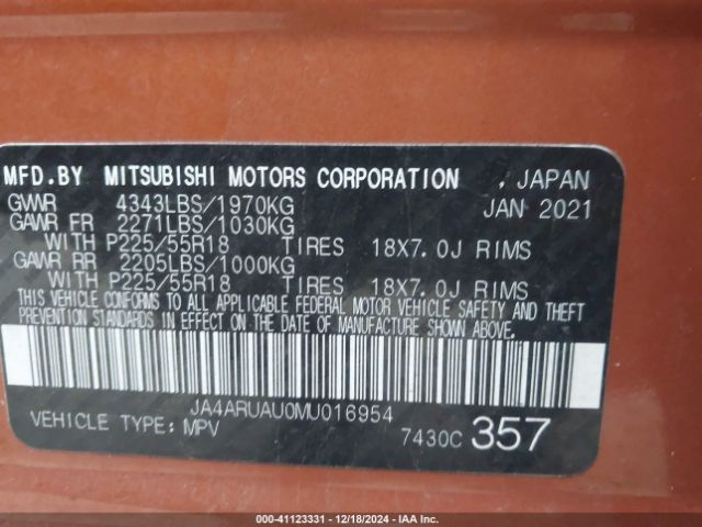JA4ARUAU0MU016954 Mitsubishi Outlander Sport 2.0 Be /2.0 Es /2.0 Le /2.0 Se