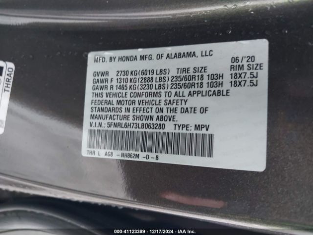 5FNRL6H73LB063280 Honda Odyssey Ex-l/ex-l W/navi   Res