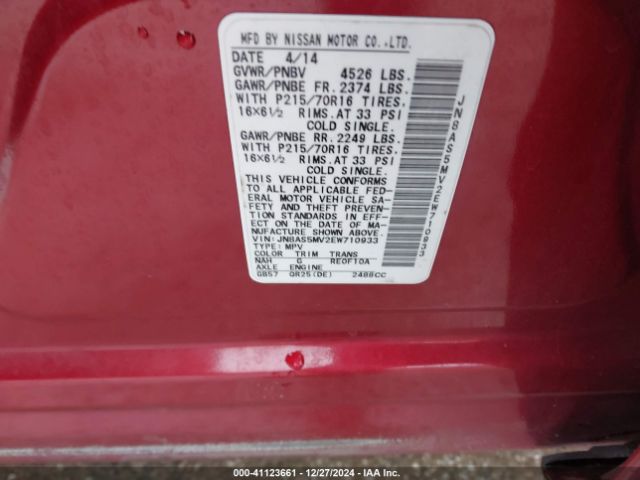 JN8AS5MV2EW710933 Nissan Rogue Select S