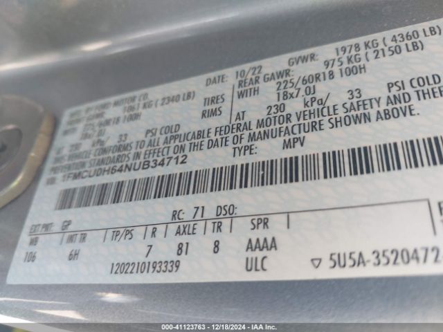1FMCU0H64NUB34712 Ford ESCAPE SEL