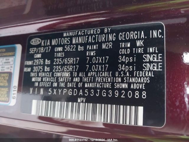 5XYPGDA53JG392088 KIA Sorento 3.3l Lx