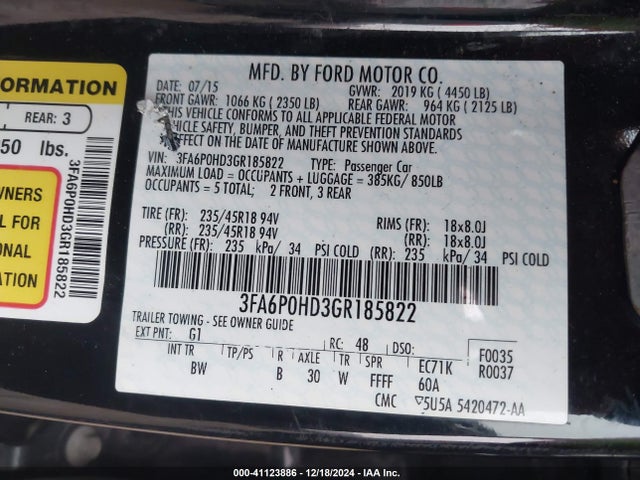 Ford FUSION SE 2016 3FA6P0HD3GR185822 Image 9