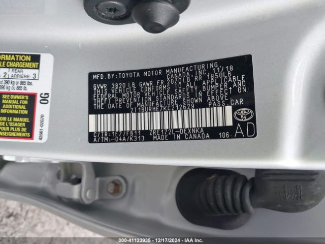 2T1BURHE7KC212629 Toyota COROLLA LE