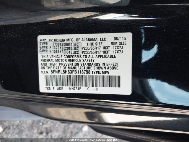 Honda Odyssey Ex-l 2015 5FNRL5H63FB118798 Image 9