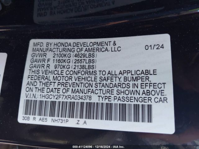 1HGCY2F7XRA034378 Honda Accord Hybrid Sport-l