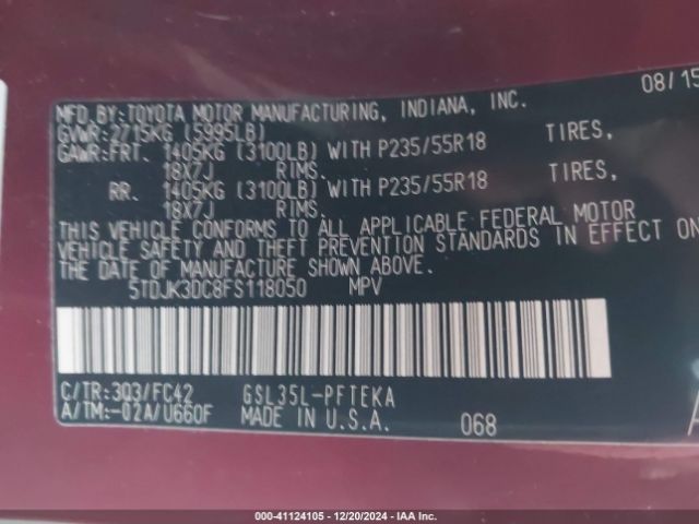 5TDJK3DC8FS118050 Toyota Sienna Le 7 Passenger