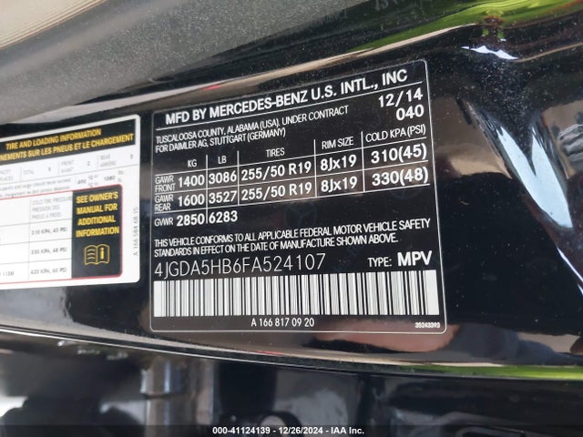 Mercedes-Benz Ml 350 4matic 2015 4JGDA5HB6FA524107 Image 9
