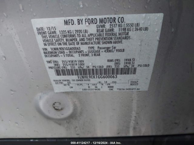1LNHL9EK1GG600063 Lincoln MKS