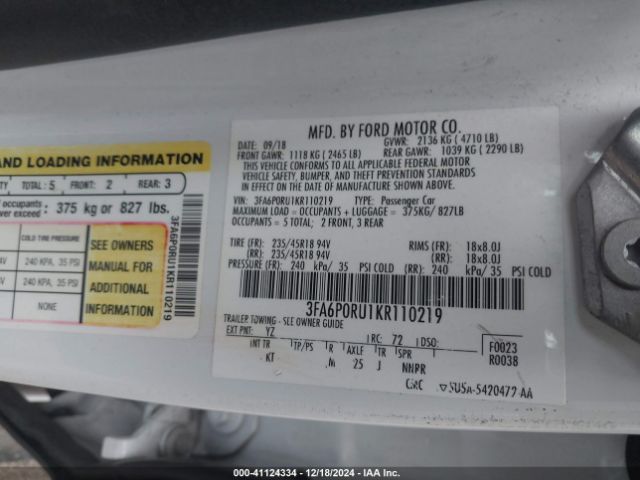 3FA6P0RU1KR110219 Ford Fusion Hybrid Titanium
