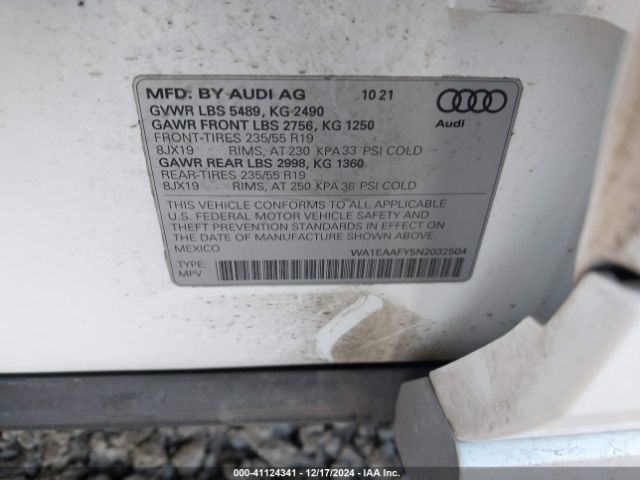 WA1EAAFY5N2032504 Audi Q5 Premium Plus 45 Tfsi S Line Quattro S Tronic