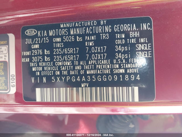 5XYPG4A35GG091894 KIA Sorento 2.4l Lx