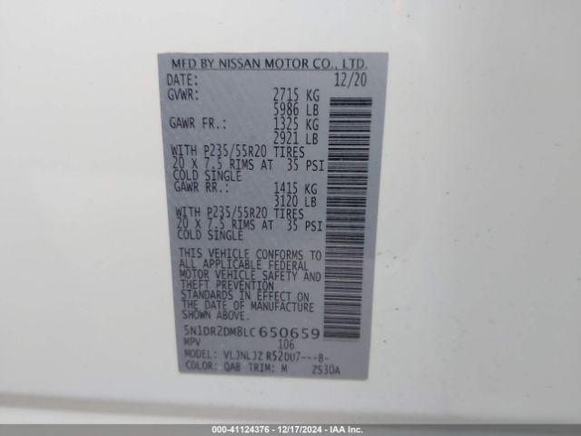 5N1DR2DM8LC650659 Nissan Pathfinder Platinum 4wd