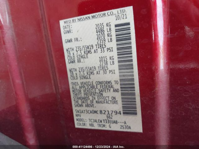 5N1AT3CA0MC821794 Nissan Rogue Sl Fwd